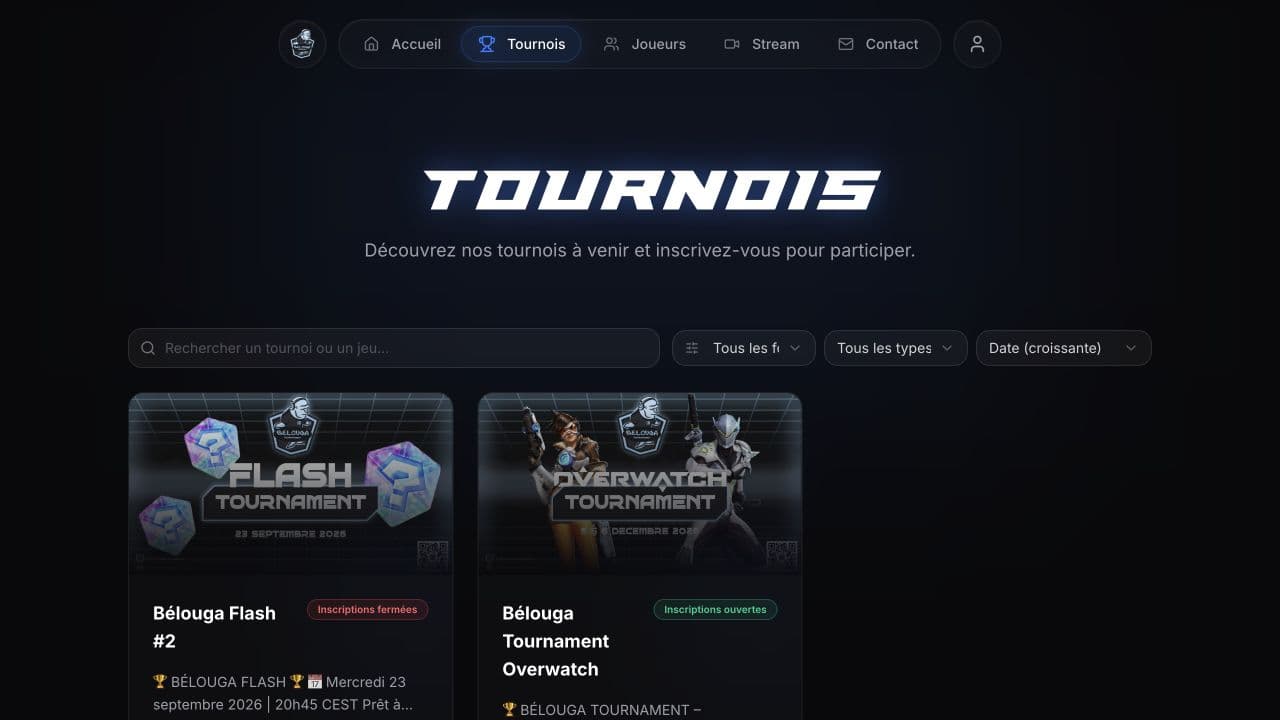 The tournament catalogue and its filters.